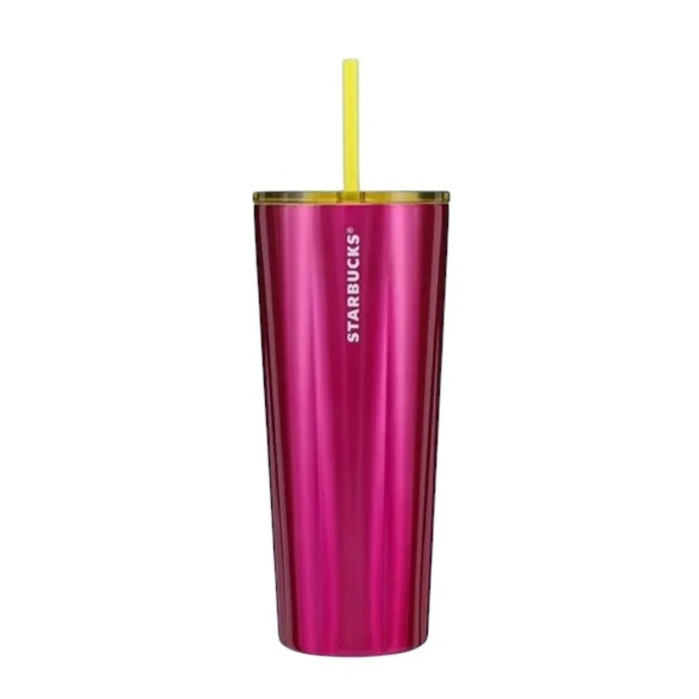 Starbucks Tumbler 24oz Pink Excellent Metallic Fluted Stainless Steel Straw